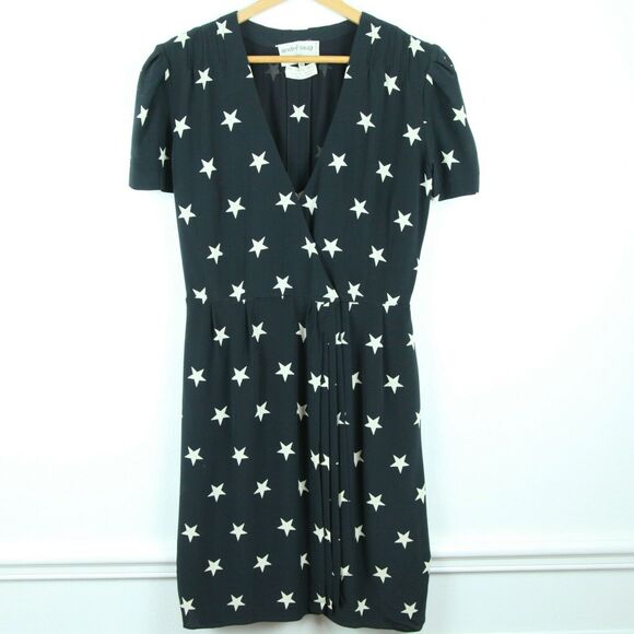 Vintage 80s Andre Laug Black Silk Star Dress Belted Designer M Cocktail Wrap - Picture 2 of 11